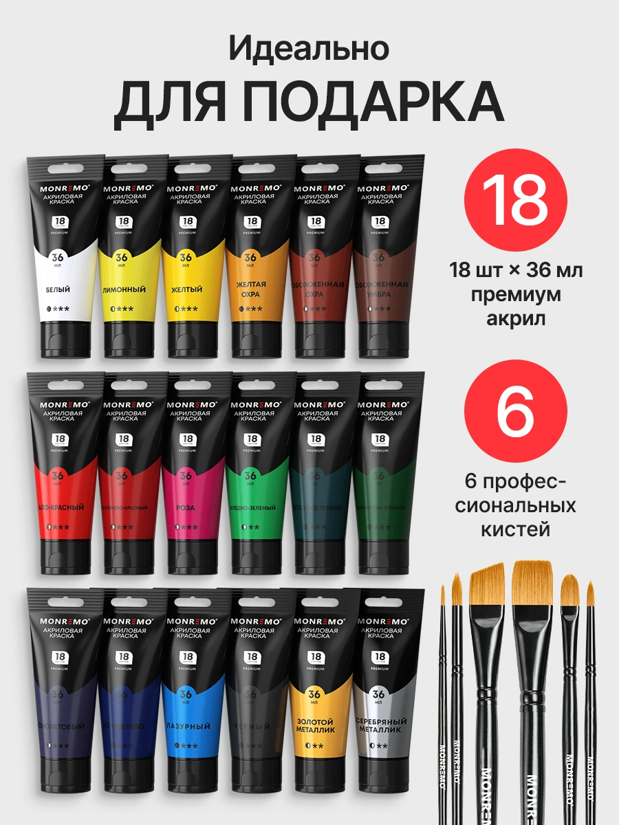 Комплектация MONREMO: 18 акриловых красок по 36 мл и 6 кистей